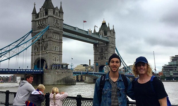 giantskneerecobuddies300x300.jpg Matt Buntine and Adam Kennedy in London. Picture: @mattybunts Instagram - AFL,GWS Giants,Adam Kennedy,Matt Buntine
